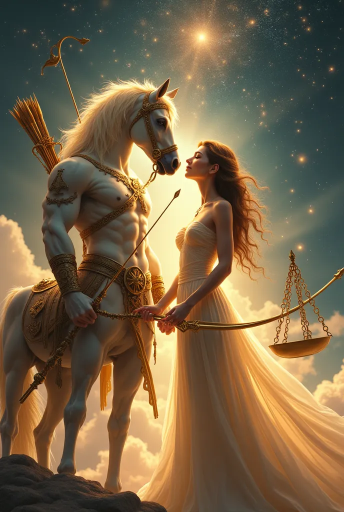 imagine a heavenly scene where sagittarius and libra are in love, personified as ethereal beings. sagittarius appears as a majes...