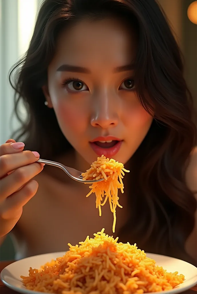 sexy girl eating fried rice