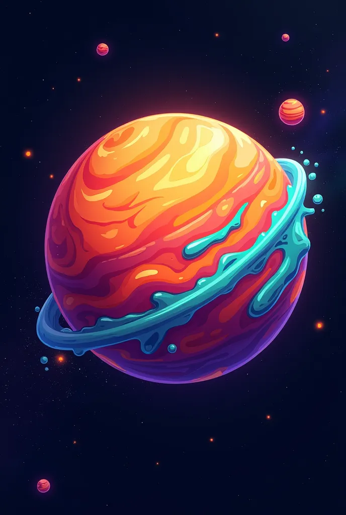 just a planet and its colors are vivid orange hue with red shades of teals and deep blue with splashes of purple. make it big an...