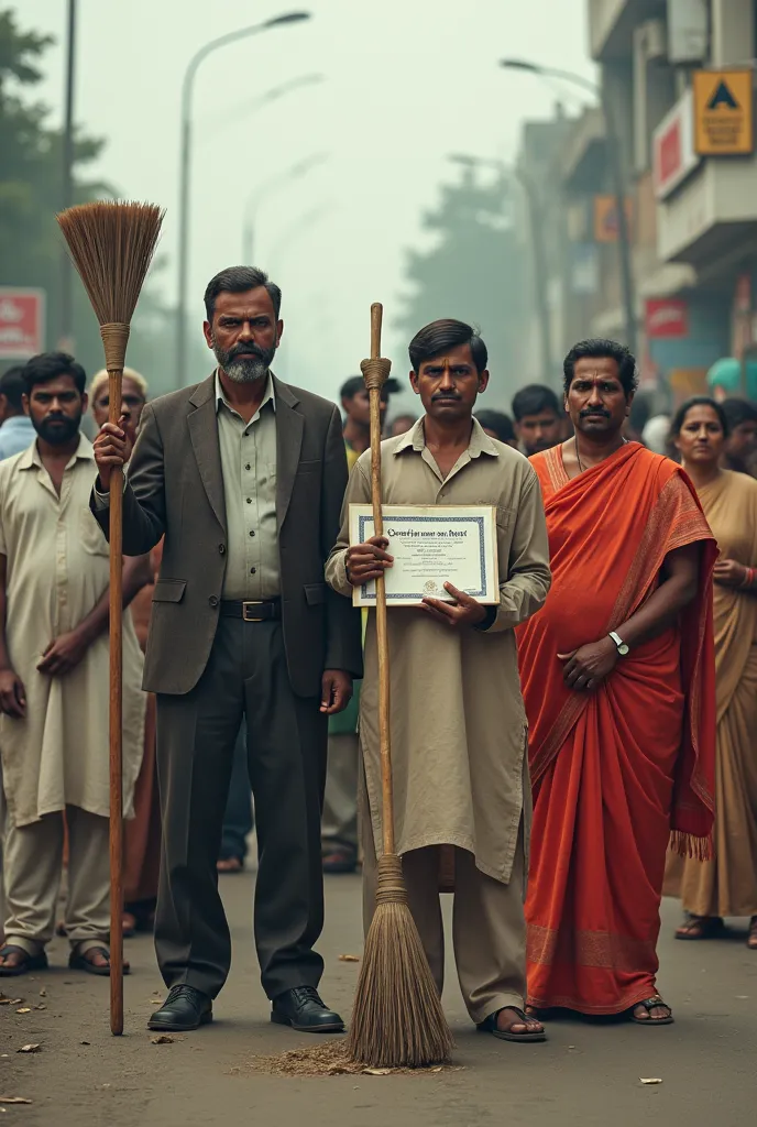 indians holding degree in one hand and broom in another hand to sweep road.