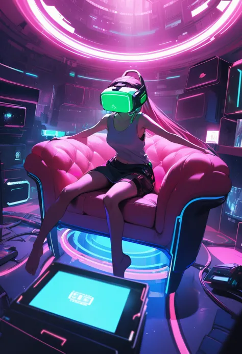 a young girl immersed in a dark, futuristic environment, sitting in a large red armchair or pouf under dim neon lighting. the gi...