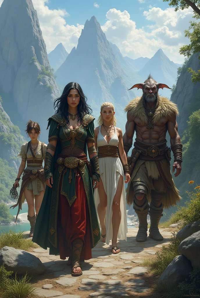 a half-human, half-dragonborn woman,an elf,a bard and a half orc