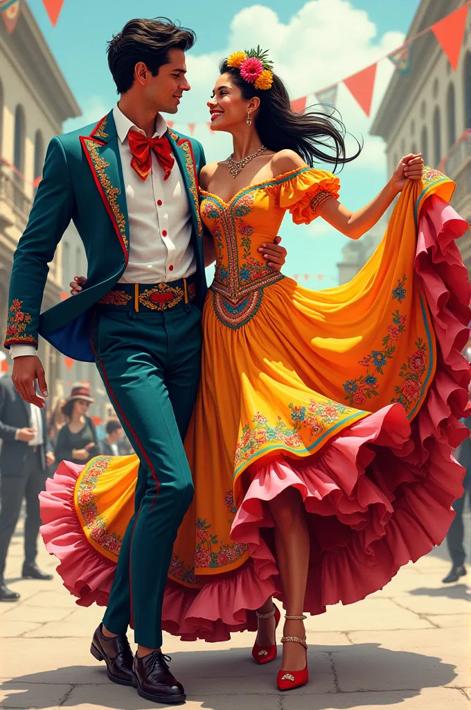 i want you to make me an illustration of the costumes of the man and woman of the colombian joropo dance