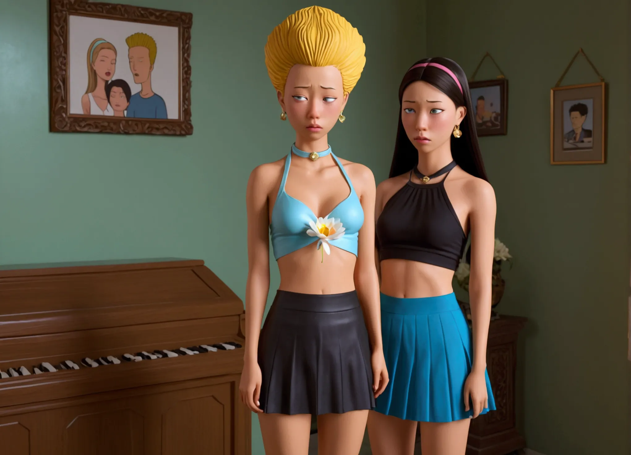 hyper realistic, perverts beavis and butthead offering a cute yuna (sad, disgusted, age 25, halter top, mini skirt) a lotus flow...