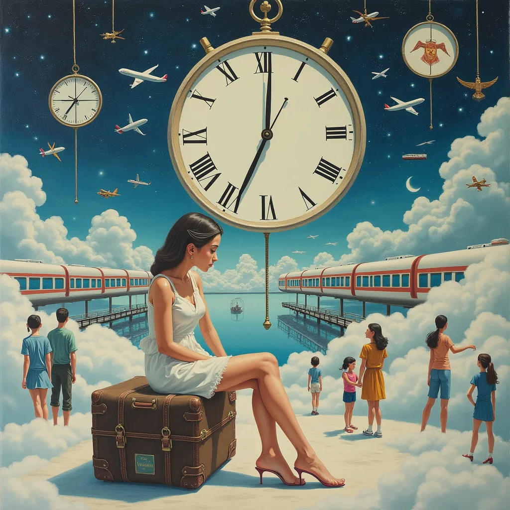 surrealism and post-impressionism pastel drawing of a clock with a pendulum in double exposure, layering, a beautiful girl sitti...