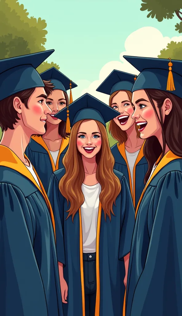 a group of friends dressed in graduation gowns, everyone with an expression clearly marked by excitement about their future at c...