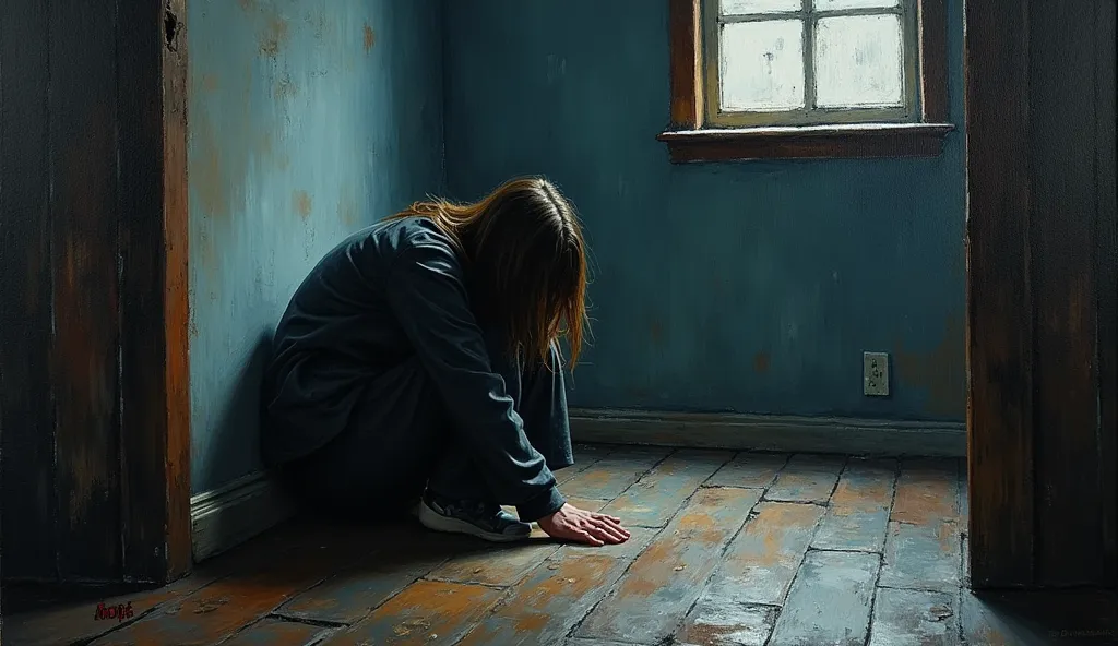 oil painting, person crouched in a corner, fear emotions, shadows