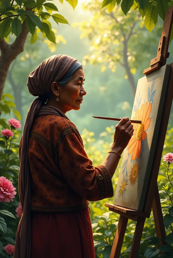 old betawi woman in the garden is painting facing backwards