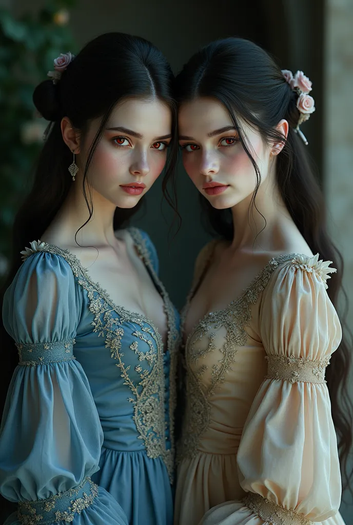 (photorealism:1.2), twins teenagers vampire girls, blue dress, beige dress