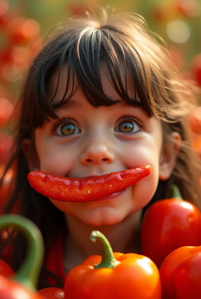 a young girl eating a pepper with her lip in their pepper world.the pepper was very very spicy and their was very hot like fire ...