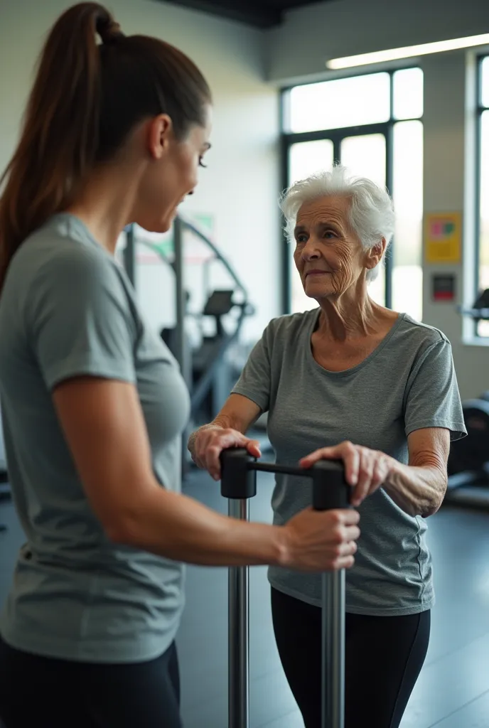 a personal trainer training an elderly lady at the gym