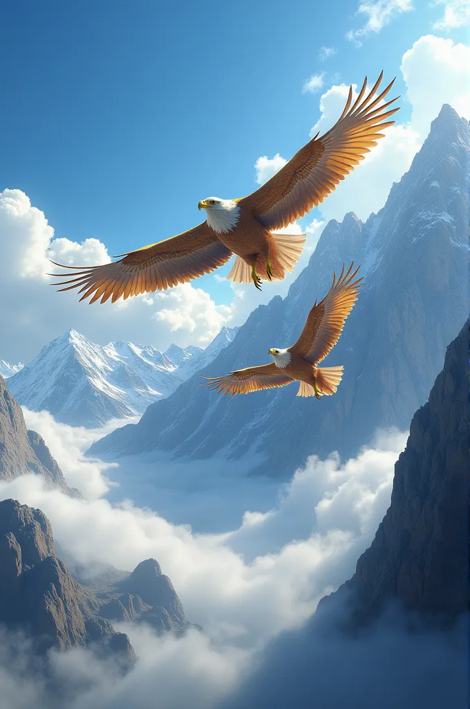 the big eagles flying in the blue clouds with mountains