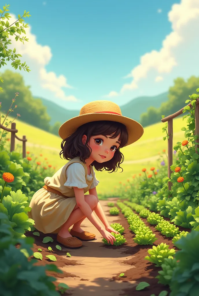 girl with wavy hair planting a vegetable garden