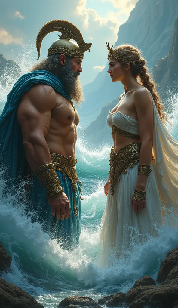 creates an ultra realistic image of poseidon and athena with his characteristic helmet, staring at each other with defiant faces