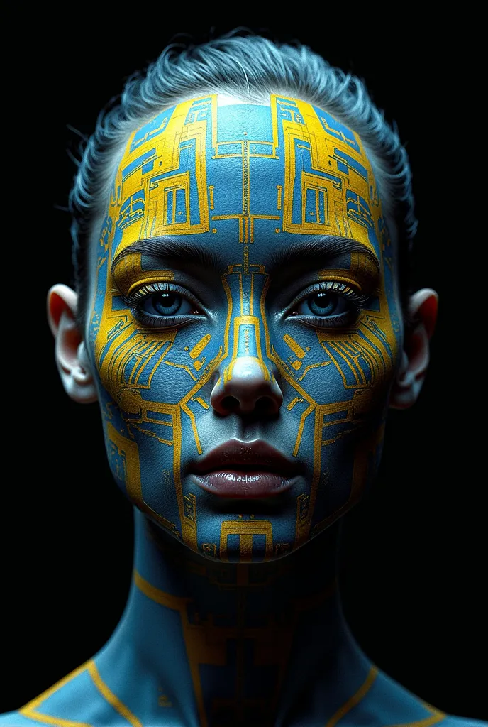 this image is a stunning piece of facial art that fuses the human with the technological in a visually striking way. the face is...