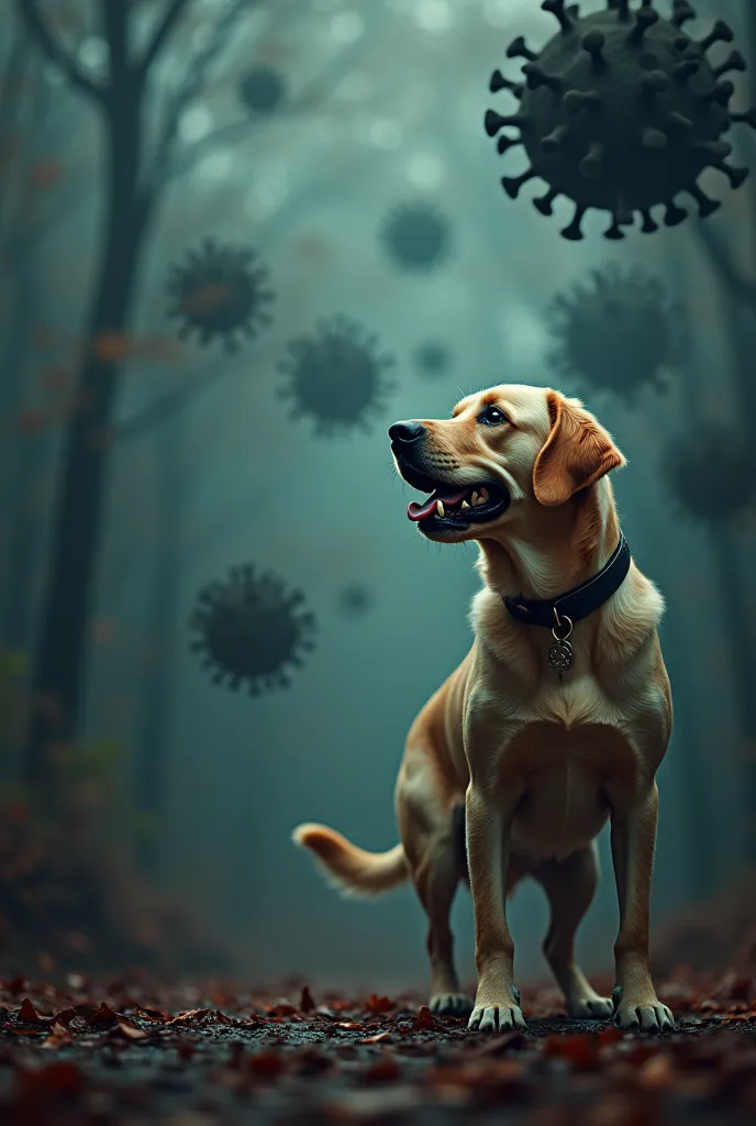 "on the right side of the image, a playful and happy labrador retriever stands, full of energy. but the background is unsettling...