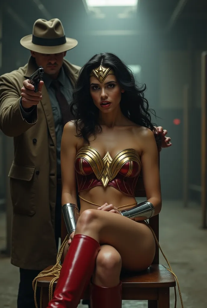 wonder woman is totally nude sitting on a wooden chair with her arms (((behind her back:1.5))) and her body is bind with glowing...