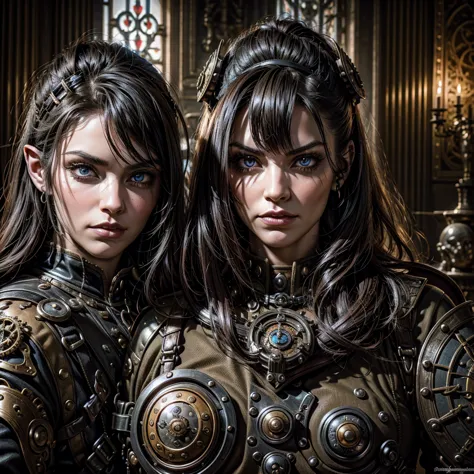 1 female steampunk soldier, 1 evil troll warrior, a gothic room of a castle, close to the camera, challenging looks,high resolut...