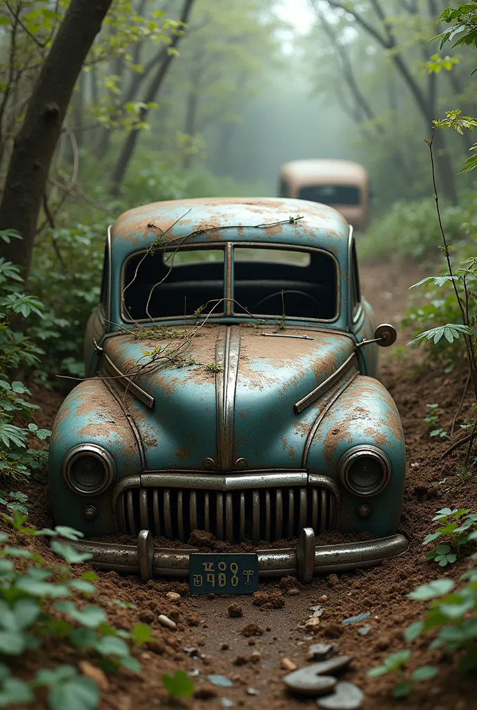 make a picture in which a car is buried in the ground and this car should be kept away from the farm the condition of the car is...