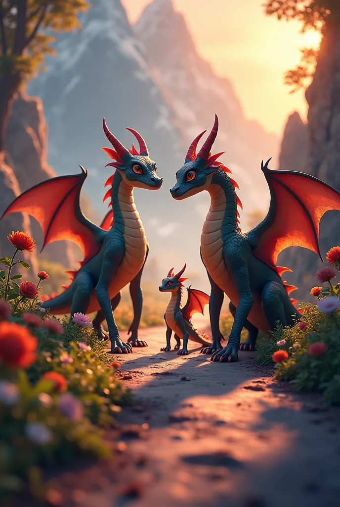 two dragon and her a baby dragon walking on road.illuminated by a warm, soft  light that accentuates the vibrant, exaggerated co...