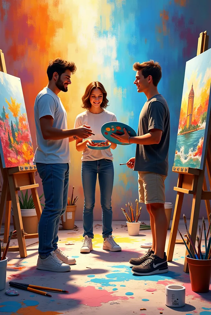 3 friends facing each other about to start a painting style fight