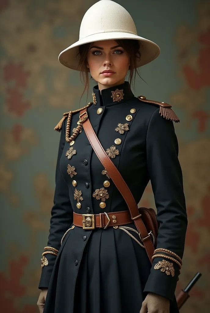 circa 1890's female bristish soldier. wearing victorian uniform with short black skirt, and white pith helmet.