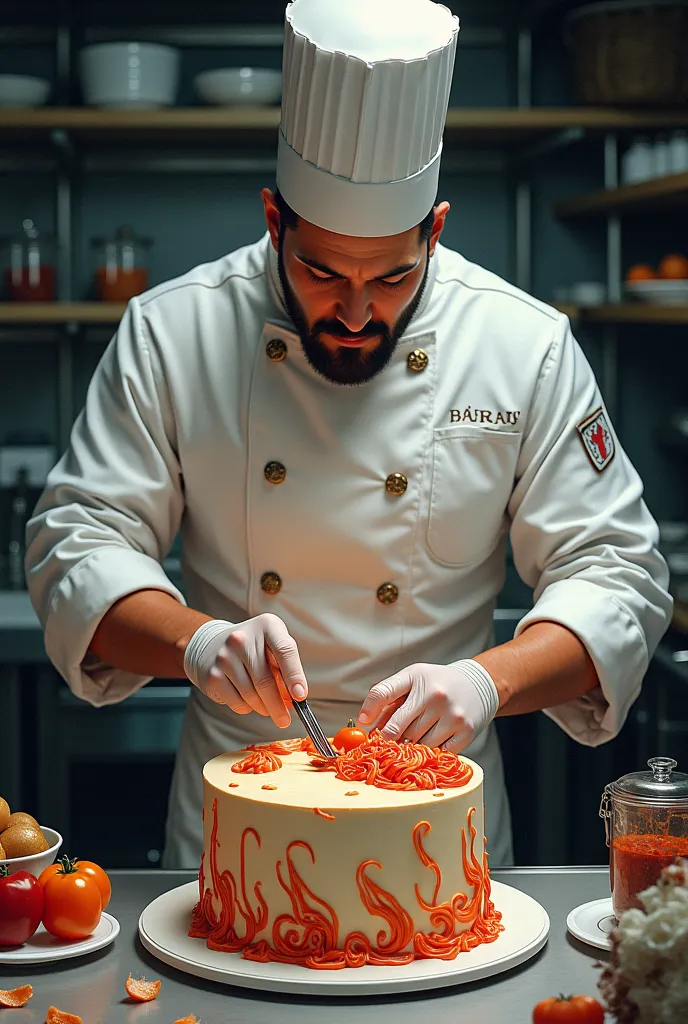 a venom making cake at bakery with chief clothes