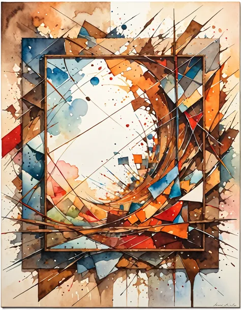 watercolor painting of a surrealist picture, square shape, dashes and lines, canvas picture, colours: rot, brown, shattered like...