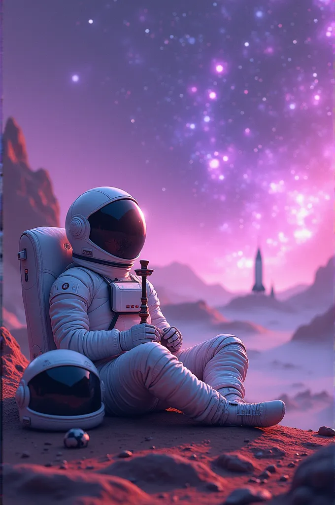 create an image of an astronaut smoking a hookah sitting on a planet in a purple galaxy full of stars with an aesthetic vibe and...