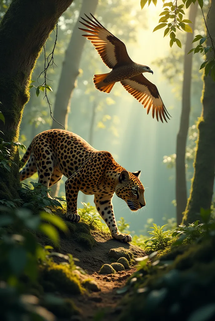 a leopard in the dense forest, camouflaged among the trees, as a hawk with powerful wings flies over the treetops, observing the...