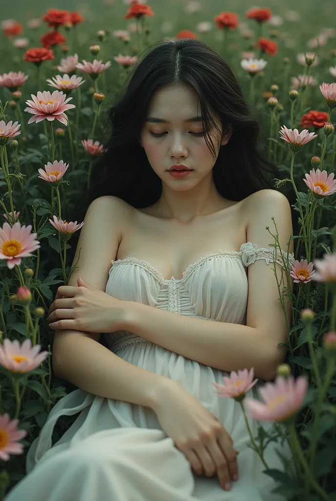 life is a present , beautiful young woman, sleep on the flower field, feel lonely and empty