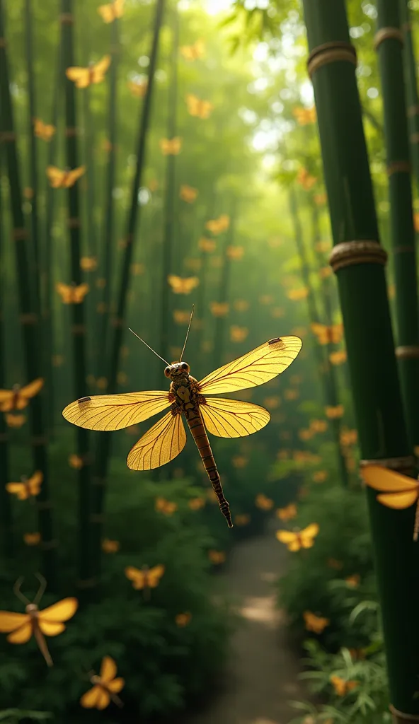 3d、ultra hd、aerial view、there is a shadow、the background is a bamboo forest、photorealistic、a very large number of insects, yello...