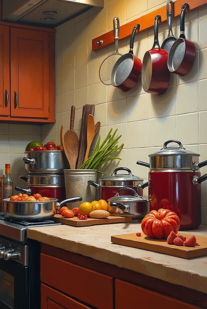 create an oil painting where the background is a kitchen painted in oil with various cuisinart brand products such as pots. pans...