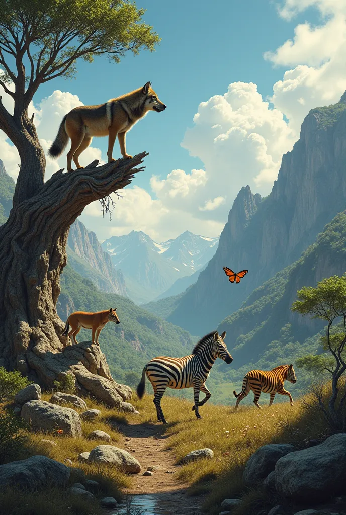 wolf standing on the tree . zebra running near follower and tiger walking on mountain and butterfly flying on the sky and has a ...