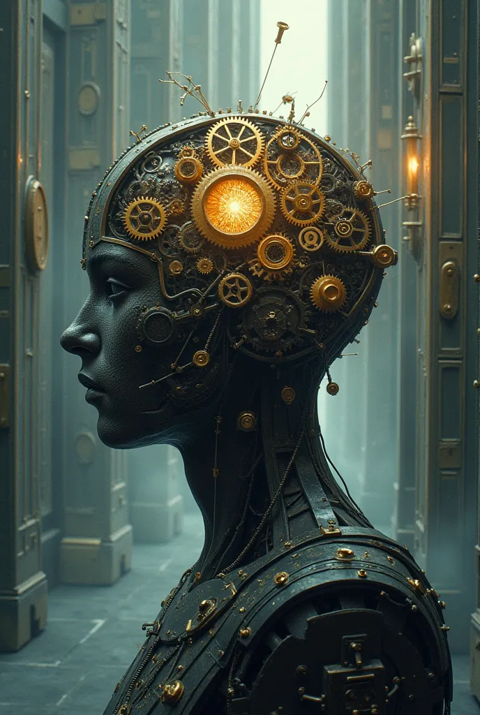 a human head with gears turning, symbolizing the change of mentality. in the background, several doors opening, showing differen...