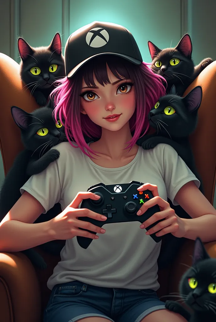 a brunette woman with pink hair and brown eyes with black cats around her wearing an xbox cap and an xbox controller in her hand...