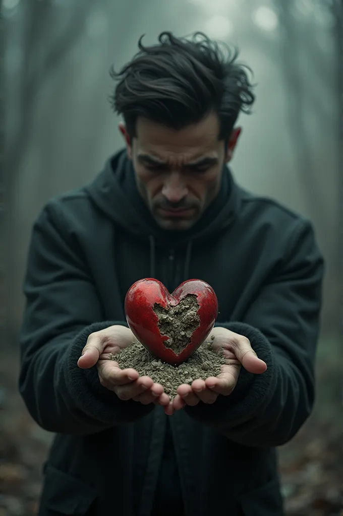 man holds a heart falling to dust in his hands