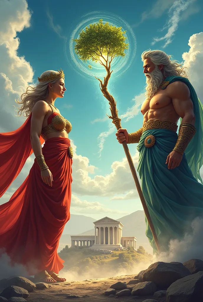 draw an a1 size picture of athena competing with poseidon for the patronage of athens and creating an olive tree. stylize it int...