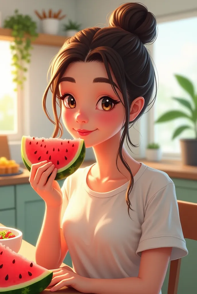 cute nutritionist eating watermelon