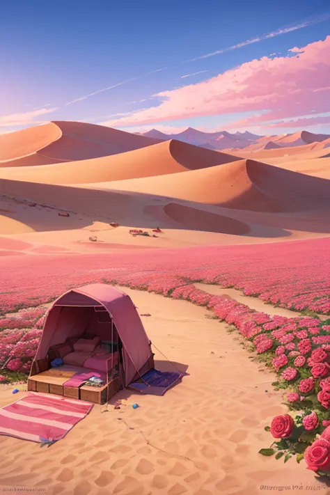 summer, desert, ((homeless)), pink clouds, a land covered in roses, james gurney, art station rendering, lente ultra-wide, high ...