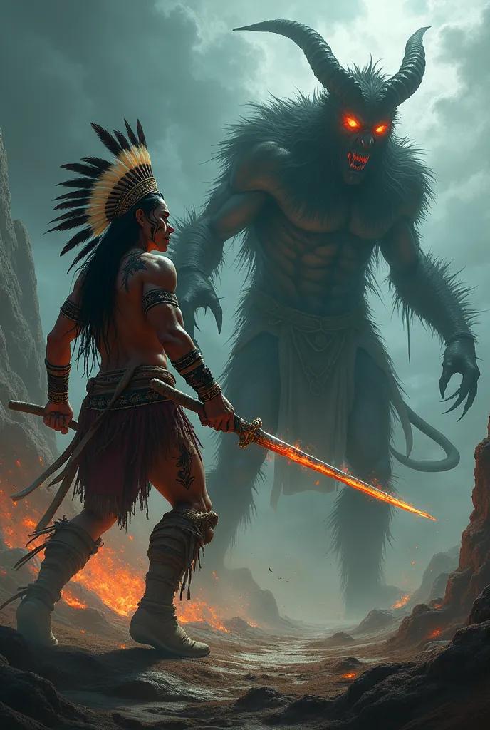 indian warrior fighting with a demon