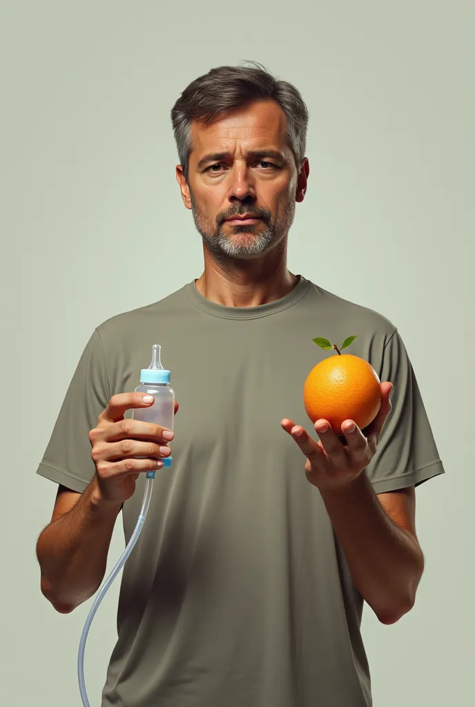 man holding a feeding tube bottle in one hand and holding a fruit in the other hand