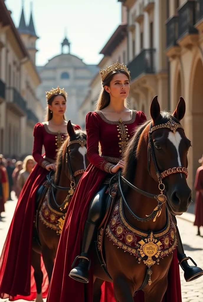 three medieval princesses elegantly dressed in long velvet dresses ride side-by-side on richly caparisoned horses down the main ...