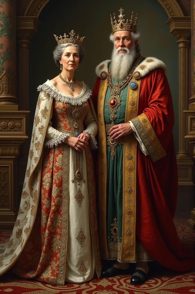 an official royal portrait of an elderly queen with her elderly king husband