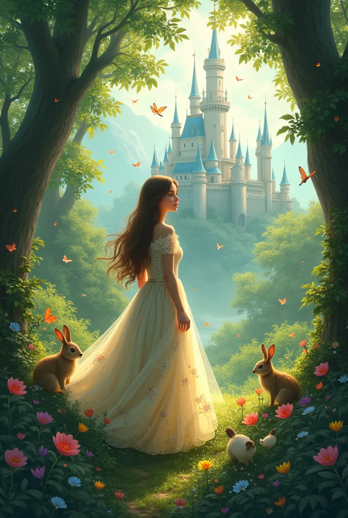 princess with straight hair in a forest with an enchanted castle and little animals