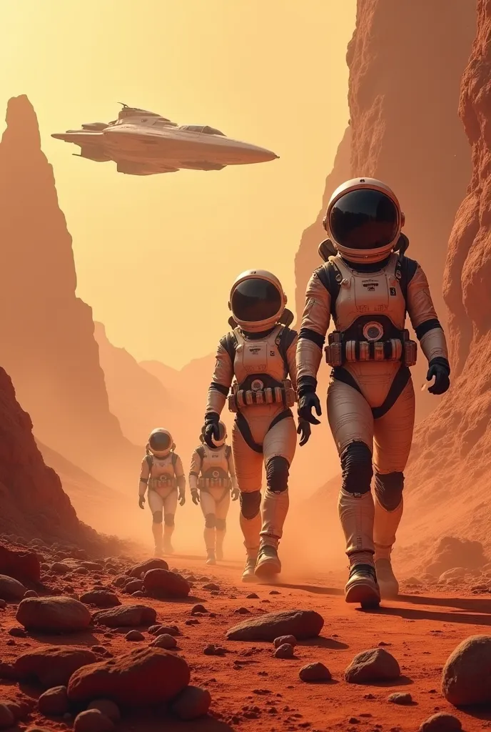 create a poster design with a mars landscape and astronauts in space suits without helmets.put a space ship and they moving in f...