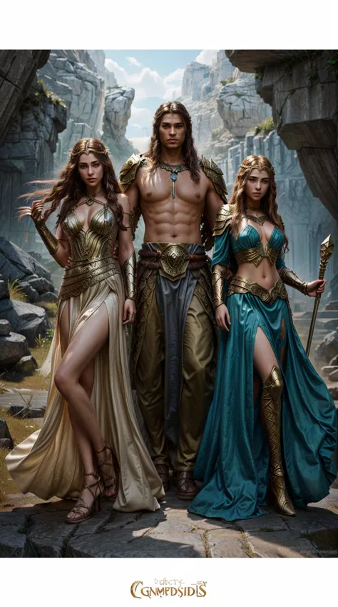 a couple of women in long dresses standing next to a man, greek myth digital painting, fantasy characters, powerful fantasy epic...