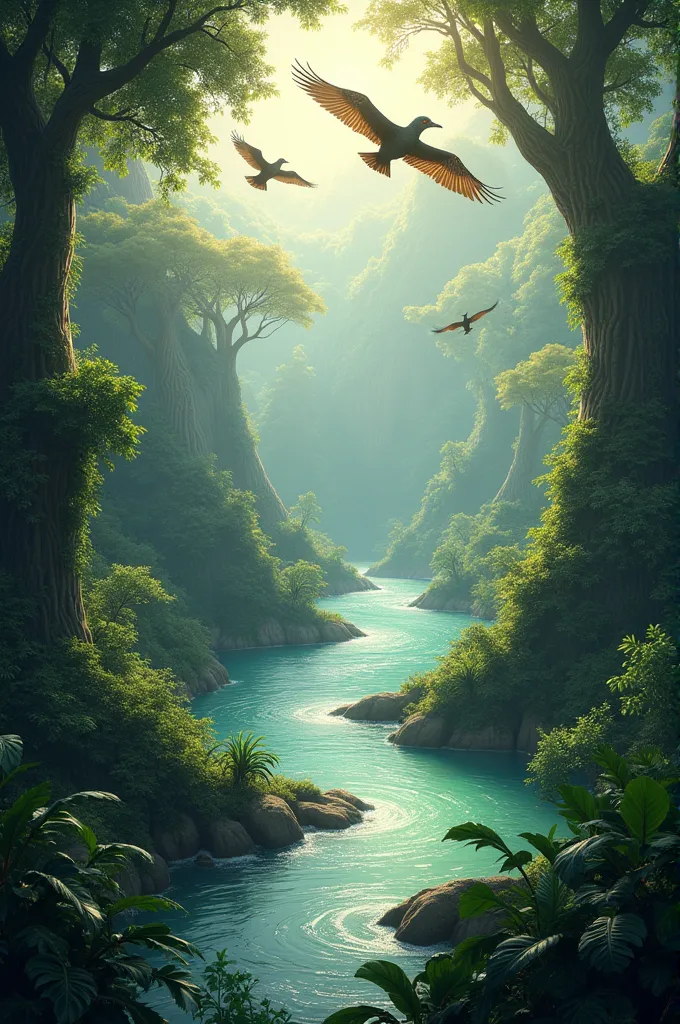 big river in jungle with flock of hansa mythical birds