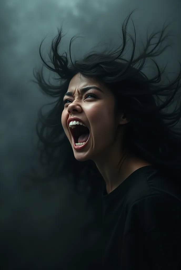 a close-up face of a black-haired beautiful girl roaring with shock, clearing the black mist with her swirling roar, emphasizing...