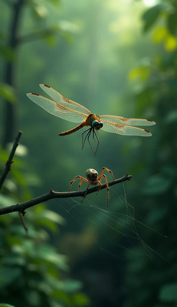 dragonfly and spider in standing  8k ultra realistic